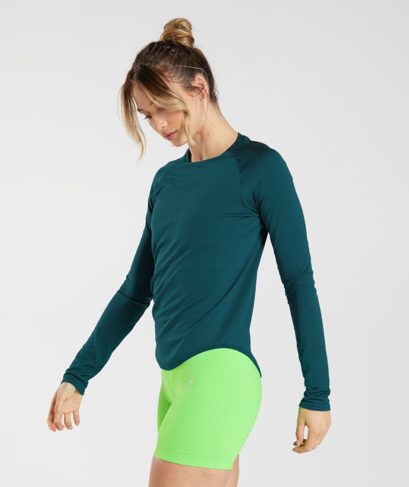 Women's Gymshark Sweat Seamless Long Sleeve Top T-Shirts Turquoise | NZ 5BQAWE